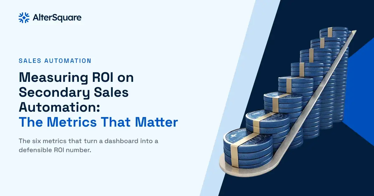 A rising stack of ledger coins forming an upward bar, encoding measurable return on secondary sales automation